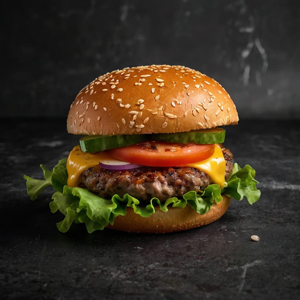 Ever's Diner burger with melted cheese, lettuce, tomato, onion, and pickles on a sesame bun.