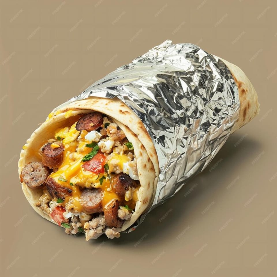 A breakfast burrito from Ever's Diner, filled with eggs, sausage, cheese, and vegetables, partially wrapped in foil.