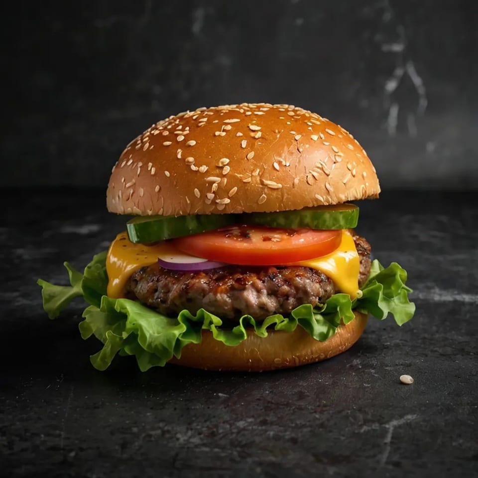 A juicy Ever's Diner burger with melted cheese, lettuce, tomato, onion, and pickles on a sesame bun.