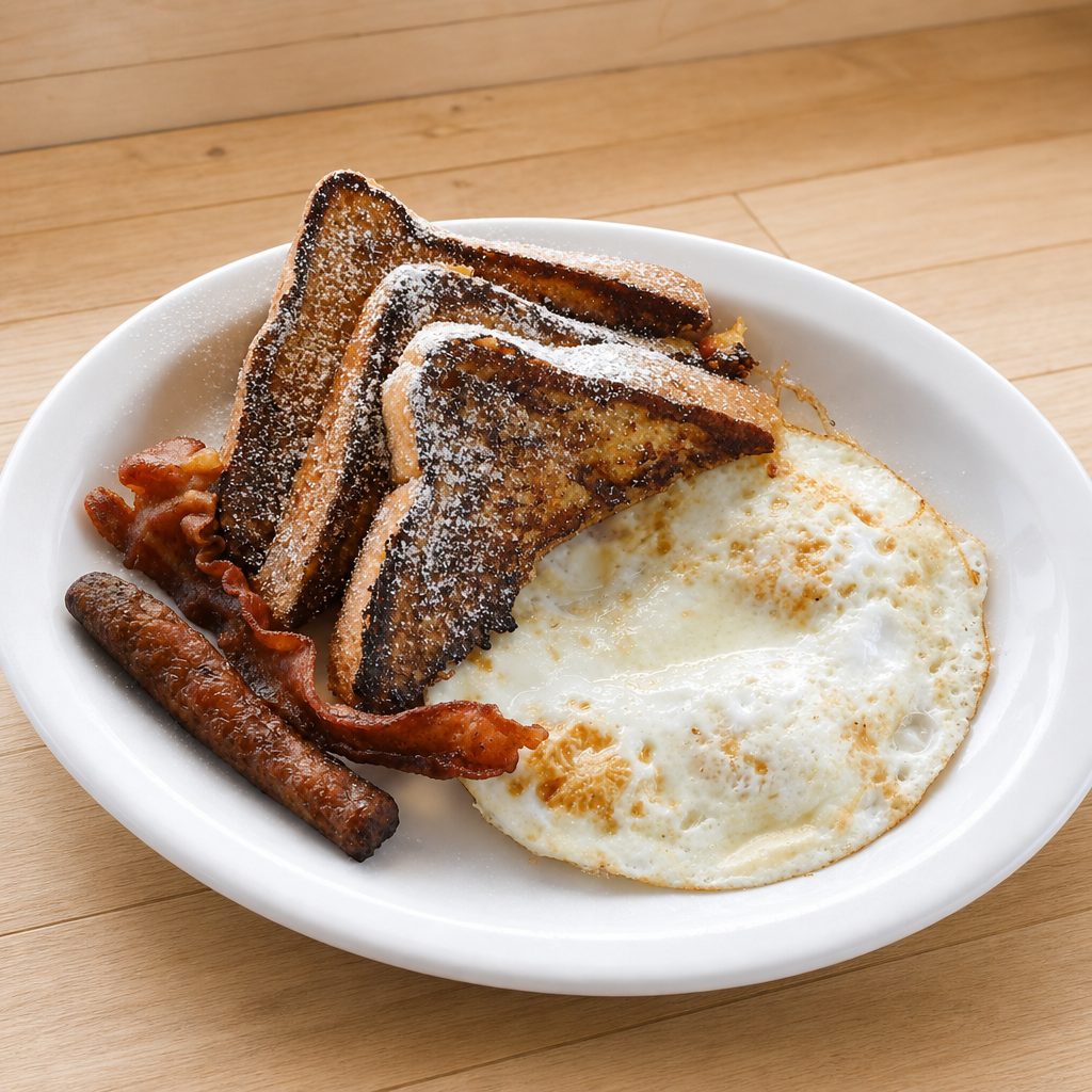 French Toast Special (3 Pieces, 2 Eggs, 1 Bacon & 1 Sausage).