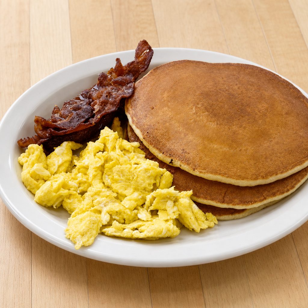 3 Pancake Special (3 Egg, 2 Bacon & 2 Sausages).