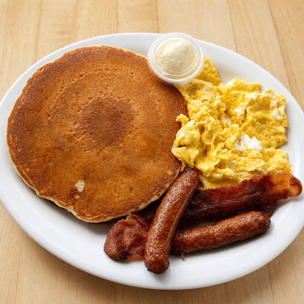 2 Pancake Special (2 Eggs, 2 Bacon & 2 Sausages).
