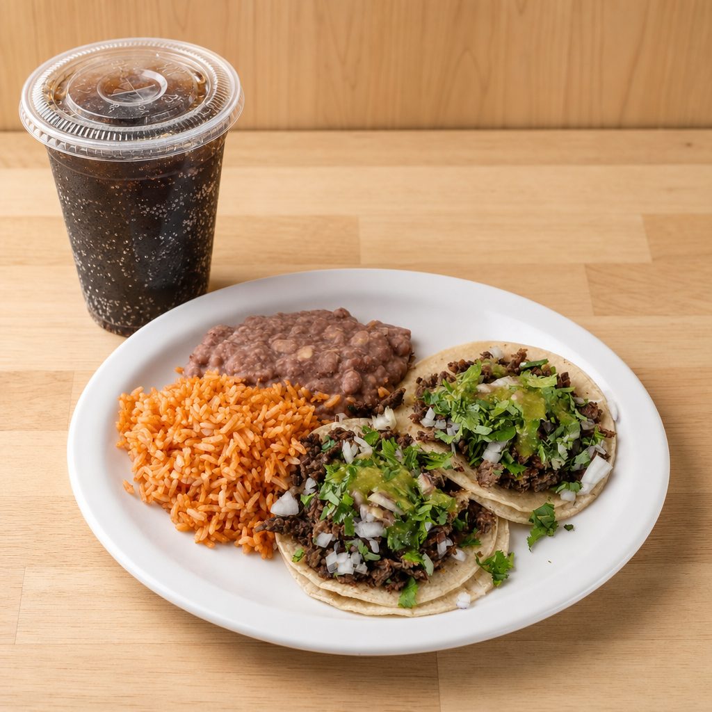 Taco Plate Special 2 Tacos, Rice, Beans & Drink.