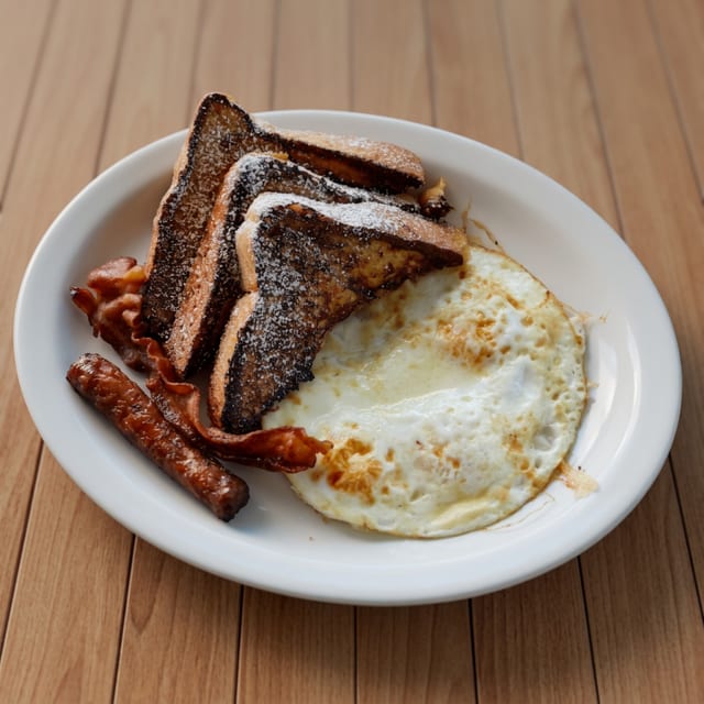 French Toast Special (3 Pieces, 2 Eggs, 1 Bacon & 1 Sausage).